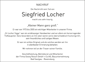 Anzeige von Siegfried Locher von Schwäbische Zeitung