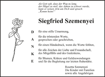 Anzeige von Siegfried Szemenyei von Schwäbische Zeitung