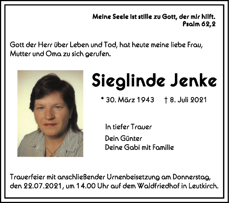  Traueranzeige für Sieglinde Jenke vom 17.07.2021 aus Schwäbische Zeitung