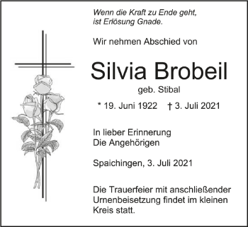Anzeige von Silvia Brobeil von Schwäbische Zeitung