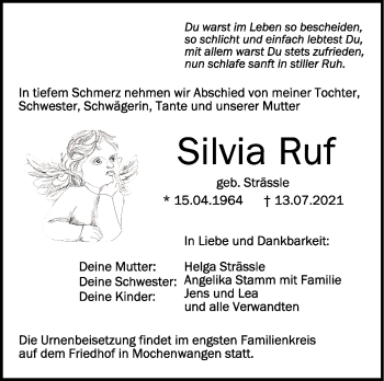 Anzeige von Silvia Ruf von Schwäbische Zeitung