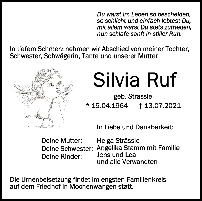  Traueranzeige für Silvia Ruf vom 17.07.2021 aus Schwäbische Zeitung
