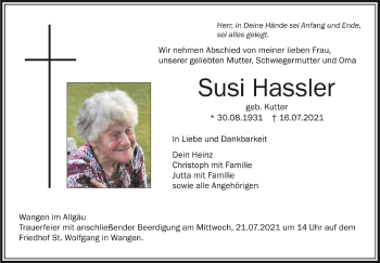 Anzeige von Susi Hassler von Schwäbische Zeitung