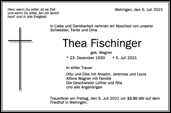 Anzeige von Thea Fischinger von Schwäbische Zeitung