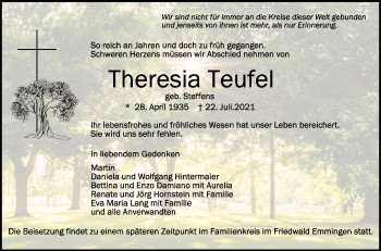 Anzeige von Theresia Teufel von Schwäbische Zeitung
