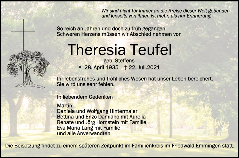  Traueranzeige für Theresia Teufel vom 24.07.2021 aus Schwäbische Zeitung
