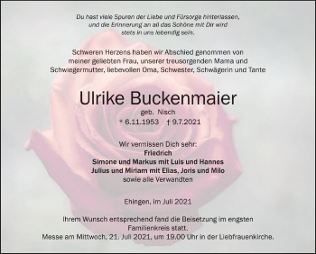 Anzeige von Ulrike Buckenmaier von Schwäbische Zeitung