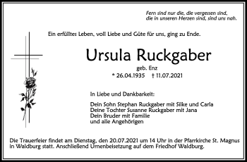 Anzeige von Ursula Ruckgaber von Schwäbische Zeitung