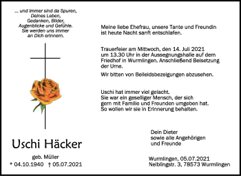 Anzeige von Uschi Häcker von Schwäbische Zeitung