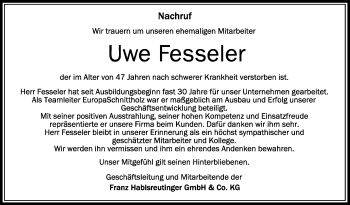 Anzeige von Uwe Fesseler von Schwäbische Zeitung