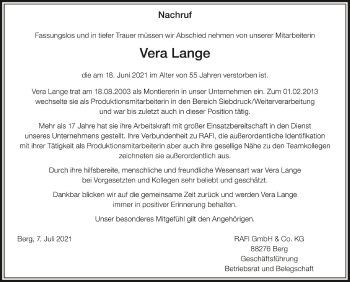 Anzeige von Vera Lange von Schwäbische Zeitung