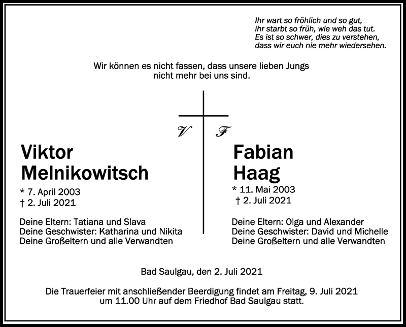  Traueranzeige für Viktor und Fabian Melnikowitsch, Haag vom 07.07.2021 aus Schwäbische Zeitung