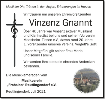 Anzeige von Vinzenz Gnannt von Schwäbische Zeitung