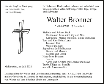 Anzeige von Walter Bronner von Schwäbische Zeitung