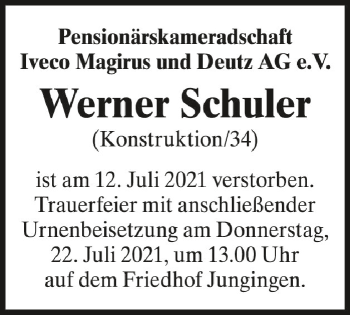 Anzeige von Werner Schuler von Schwäbische Zeitung
