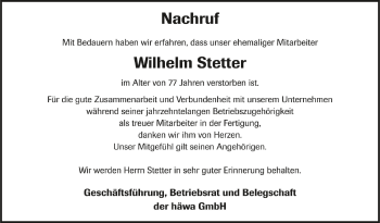 Anzeige von Wilhelm Stetter von Schwäbische Zeitung