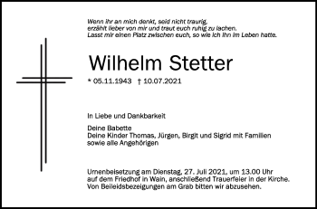 Anzeige von Wilhelm Stetter von Schwäbische Zeitung