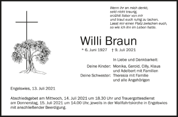 Anzeige von Willi Braun von Schwäbische Zeitung