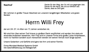 Anzeige von Willi Frey von Schwäbische Zeitung