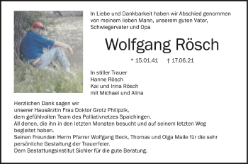 Anzeige von Wolfgang Rösch von Schwäbische Zeitung
