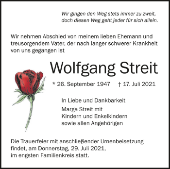 Anzeige von Wolfgang Streit von Schwäbische Zeitung