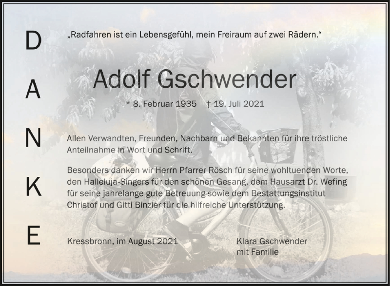  Traueranzeige für Adolf Gschwender vom 07.08.2021 aus Schwäbische Zeitung