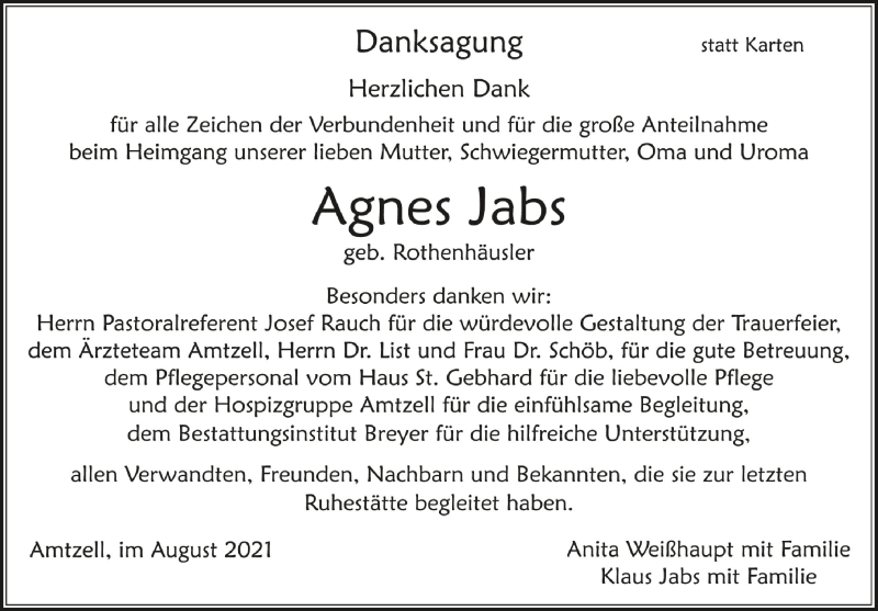  Traueranzeige für Agnes Jabs vom 14.08.2021 aus Schwäbische Zeitung