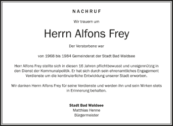 Anzeige von Alfons Frey von Schwäbische Zeitung