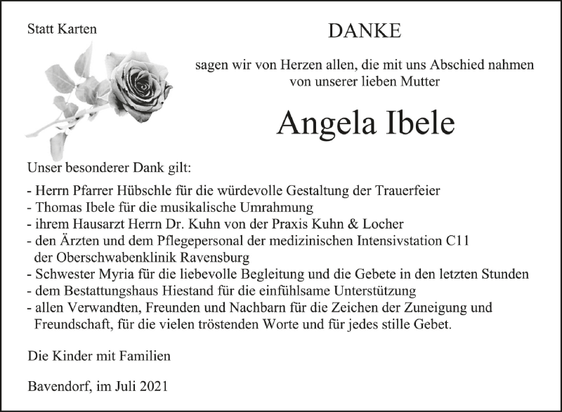  Traueranzeige für Angela Ibele vom 31.07.2021 aus Schwäbische Zeitung