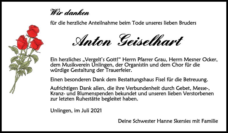  Traueranzeige für Anton Geiselhart vom 10.08.2021 aus Schwäbische Zeitung