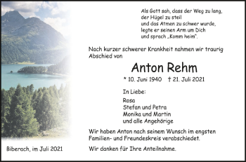 Anzeige von Anton Rehm von Schwäbische Zeitung