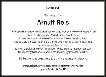 Anzeige von Arnulf Reis von Schwäbische Zeitung