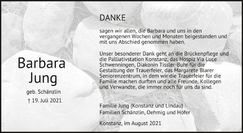  Traueranzeige für Barbara Jung vom 14.08.2021 aus Schwäbische Zeitung