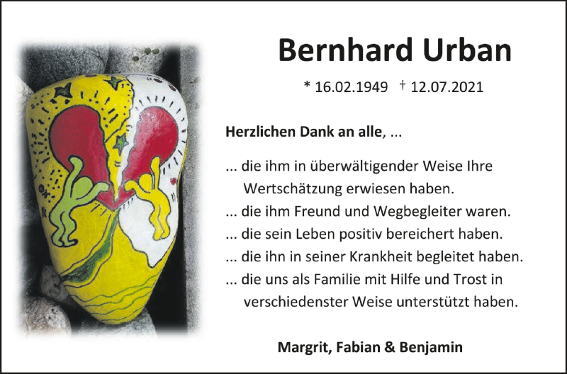  Traueranzeige für Bernhard Urban vom 21.08.2021 aus Schwäbische Zeitung