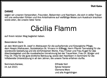 Anzeige von Cäcilia Flamm von Schwäbische Zeitung