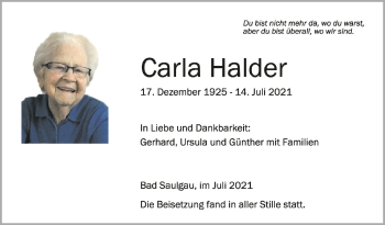 Anzeige von Carla Halder von Schwäbische Zeitung