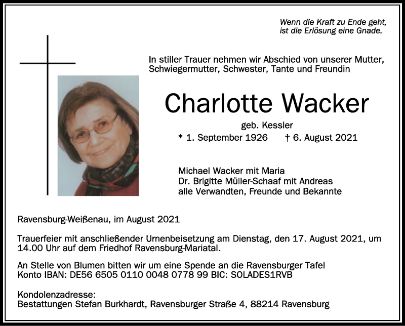  Traueranzeige für Charlotte Wacker vom 13.08.2021 aus Schwäbische Zeitung