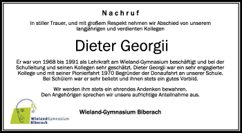 Anzeige von Dieter Georgii von Schwäbische Zeitung
