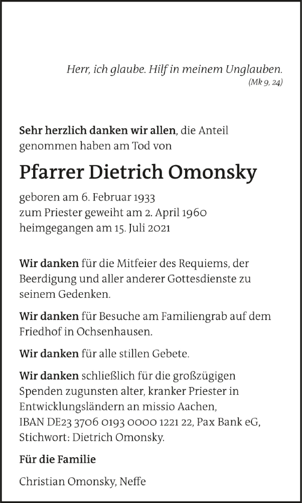 Traueranzeige für Dietrich Omonsky vom 28.08.2021 aus Schwäbische Zeitung