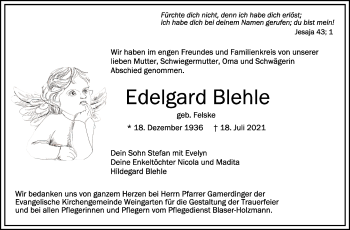 Anzeige von Edelgard Blehle von Schwäbische Zeitung