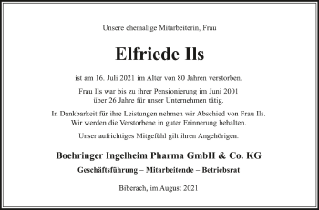 Anzeige von Elfriede Ils von Schwäbische Zeitung