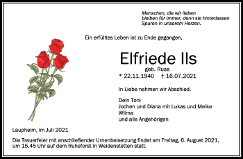 Anzeige von Elfriede Ils von Schwäbische Zeitung