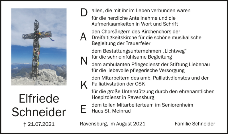  Traueranzeige für Elfriede Schneider vom 14.08.2021 aus Schwäbische Zeitung