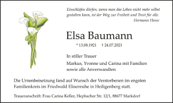 Anzeige von Elsa Baumann von Schwäbische Zeitung