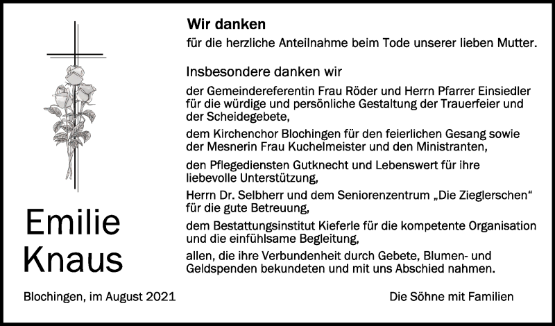  Traueranzeige für Emilie Knaus vom 11.08.2021 aus Schwäbische Zeitung