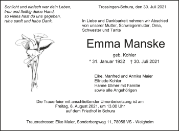 Anzeige von Emma Manske von Schwäbische Zeitung