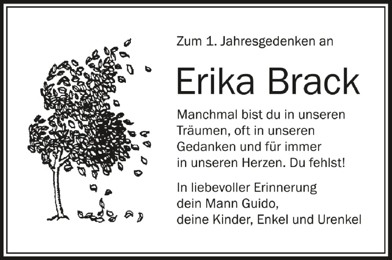  Traueranzeige für Erika Brack vom 03.08.2021 aus Schwäbische Zeitung