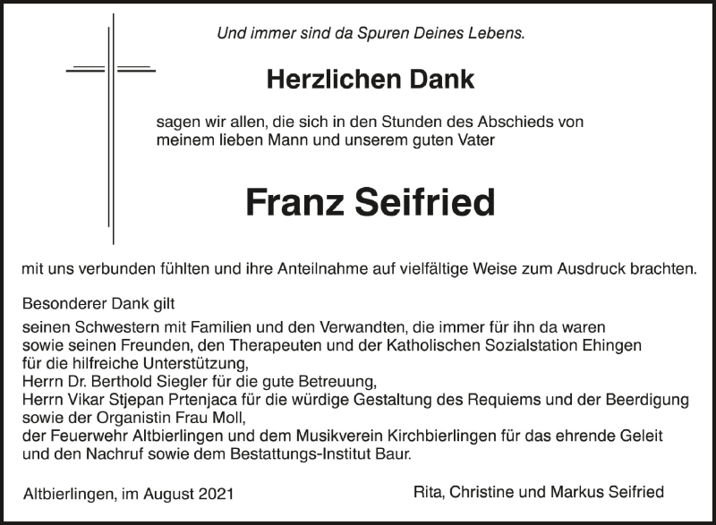 Traueranzeige für Franz Seifried vom 21.08.2021 aus Schwäbische Zeitung