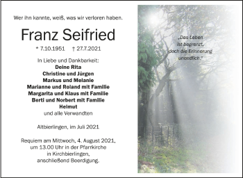 Anzeige von Franz Seifried von Schwäbische Zeitung