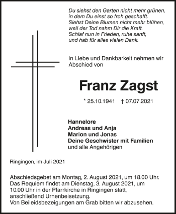 Anzeige von Franz Zagst von Schwäbische Zeitung